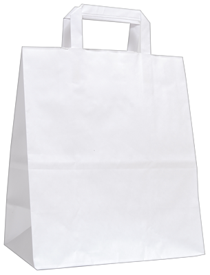 Biela papierová taška s plochým skladaným papierovým držadlom z kraftového papiera 