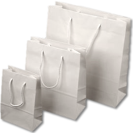 Biela papierová taška s kriedového papiera, lesklé lamino s textilnými držadlami